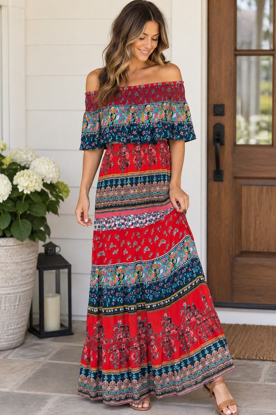 Patrons of Peace Boho Floral Off Shoulder Maxi Dress Size S Red Blue